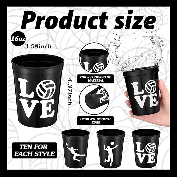 Zhehao 30 Pcs Sport Ball Plastic Cups Hockey Football Basketball Plastic Reusable Drink Cups Bulk 16 oz Stadium Tumbler Stackable Sports Tumbler for Sport Party Supplies(Volleyball,Black)