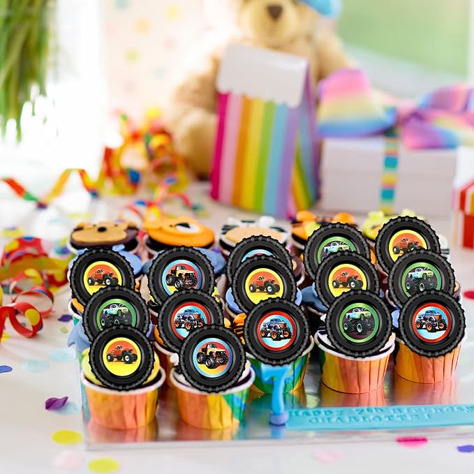 Chuangdi 48 Pieces Truck Cupcake Rings Monster Truck Cupcake Toppers Rings Colorful Car Monster Trucks Birthday Cake Decorations for Race Car Party Supplies 4 Styles