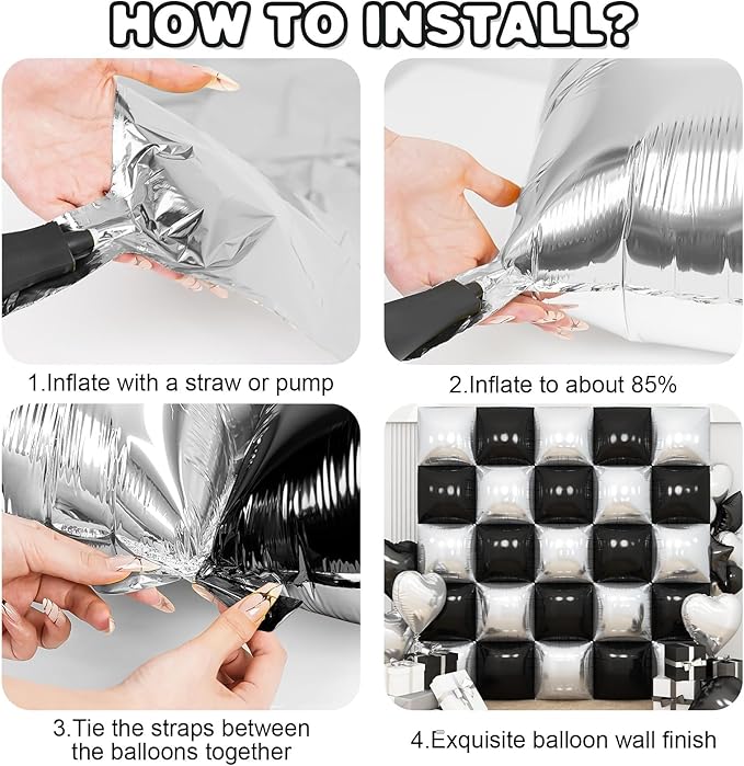 Black Silver Square Foil Balloon Wall,25Pcs Double Sided Foil Balloons Backdrop Helium Polyester Tunnel Arch Garland Kit for Birthday Bridal Anniversary Baby Shower Party Decorations