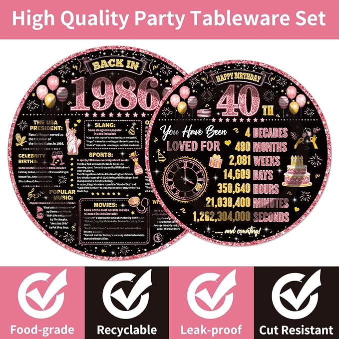 96Pcs 40th Birthday Decorations Women Tableware Set Rose Gold Back in 1986 Paper Plates Napkins Forks Cheers to 40 Years Disposable Tableware Decor for 40th Bday Theme Party Favor Serve 24 Guests
