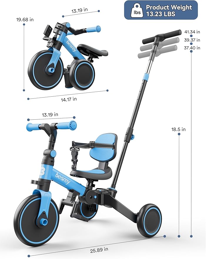 besrey 4 in 1 Toddler Bike, Toddler Tricycle for 1-3 Year Old, Trike with Push Handle, Backrest and Safety Belt, Birthday Gifts and Toys for Boys and Girls, Balance Bike (Blue)