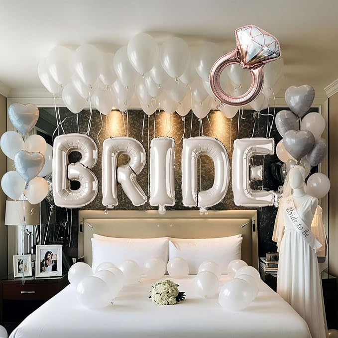Cream White Bridal Shower party decorations with huge 40 Inch BRIDE letter Pearl Balloons BRIDE to be Sash Bridal Veil and Diamond Ring Heart shape Balloons For Bachelorette party Wedding supplies