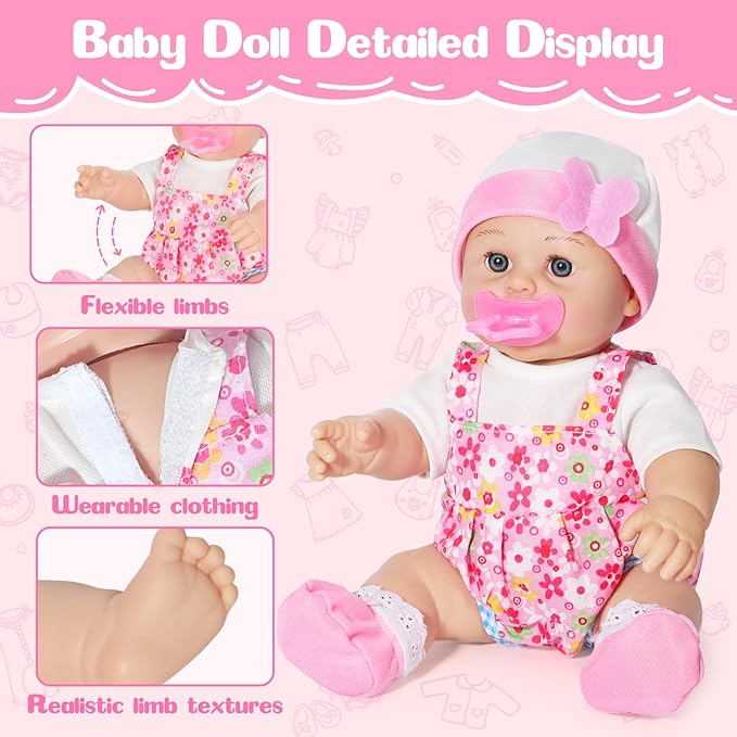 12'' Baby Doll Playset with 4 Outfits Backpack, 12 Inch Realistic Baby Dolls with Clothes Backpack and 2 Bottles Bib Quilt Nipple Socks, Pretend Play Baby Doll Gift for Toddlers Girls Age 3+