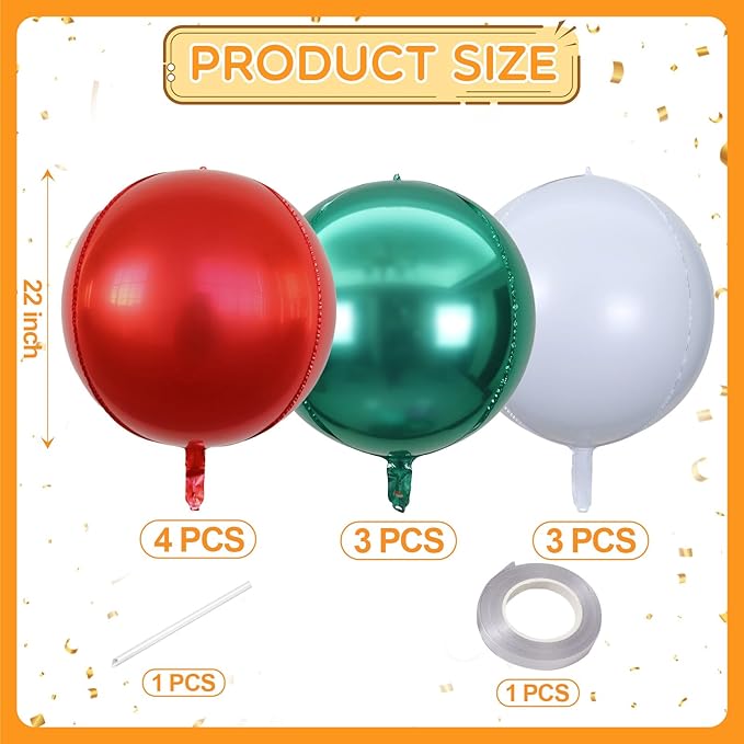 KALOR 22 Inch Red Green and White Foil Balloons, 10 Pcs Large 4D Giant Round Metallic Foil Balloon for Birthday Party Baby Shower Graduation Party Decorations
