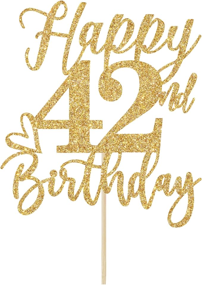 Happy 42nd Birthday Cake Topper, Cheers to 42 Years, Gold Glitter Party Supplies
