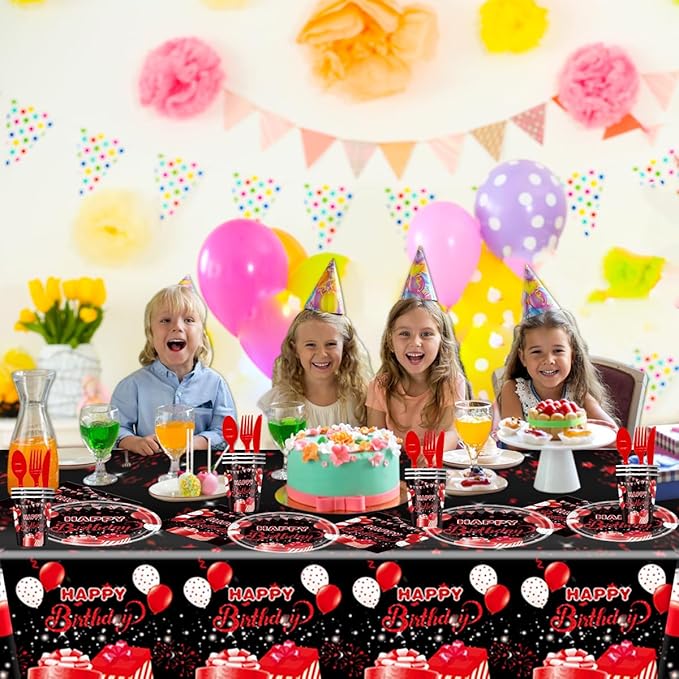 81PCS Red and Black Birthday Party Tableware Supplies Set, Red Party Confetti Sprinkles Happy Birthday Party Decorations