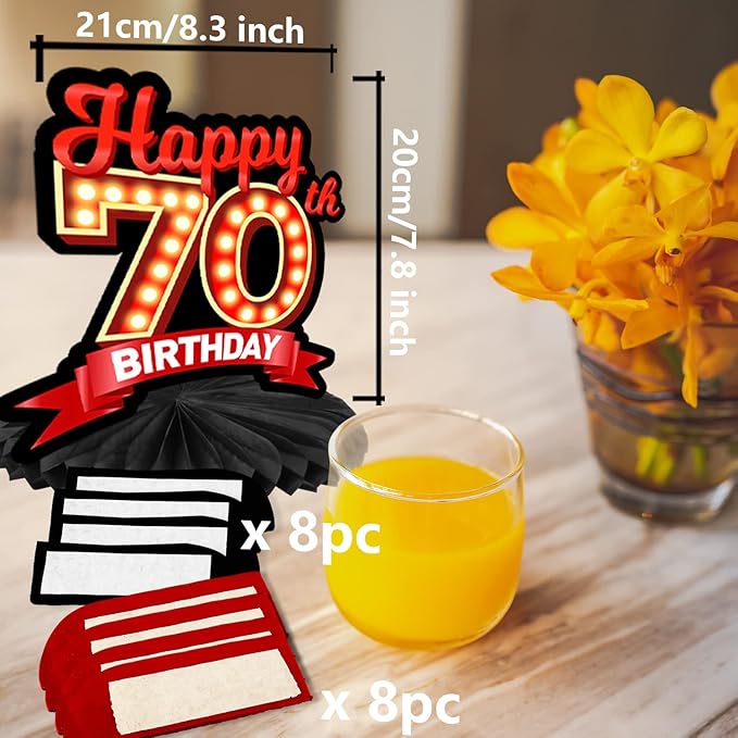 Happy 70th Birthday Red and Black Table Honeycomb Centerpieces Balloons Theme Decor Table Decorations Table Toppers for Girls Women Princess 70 Years Old Birthday Party Bday Supplies Background Gold