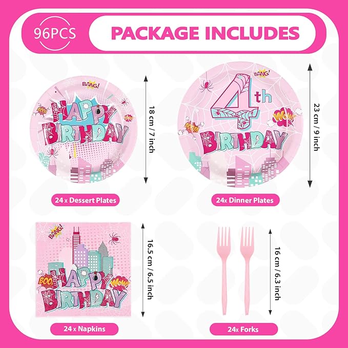 Grencian 96 Pcs Pink Spider Birthday Party Supplies Spider Web 4th Birthday Paper Plates Super Girl Hero Party Decorations Tableware for Kids Girls Four Year Old Party Decorstions Serves 24