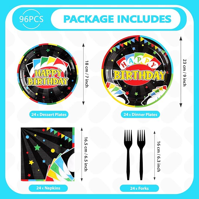 Grencian 96 Pcs Card Game Birthday Party Decorations Game Night Party Decorations Disposable Colorful Playing Card Tableware Set for Adults Boys Cards Games Themed 1st Birthday Parties Supplies