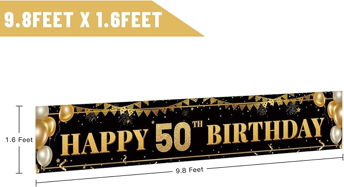 Large Happy 50th Birthday Decoration Banner, Black and Gold Happy 50th Birthday Banner Sign, 50th Birthday Party Decorations Supplies(9.8x1.6ft)