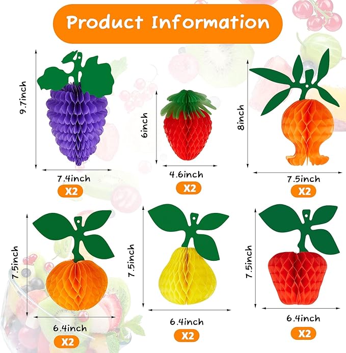 Outus 12 Pcs Fruit Party Decorations Honeycomb Hanging Tissue Paper Ball Strawberry Apple Table Centerpieces for Dancing Fruit 1st Birthday Decorations Twotti Hawaiian Tropical Themed Party Supplies