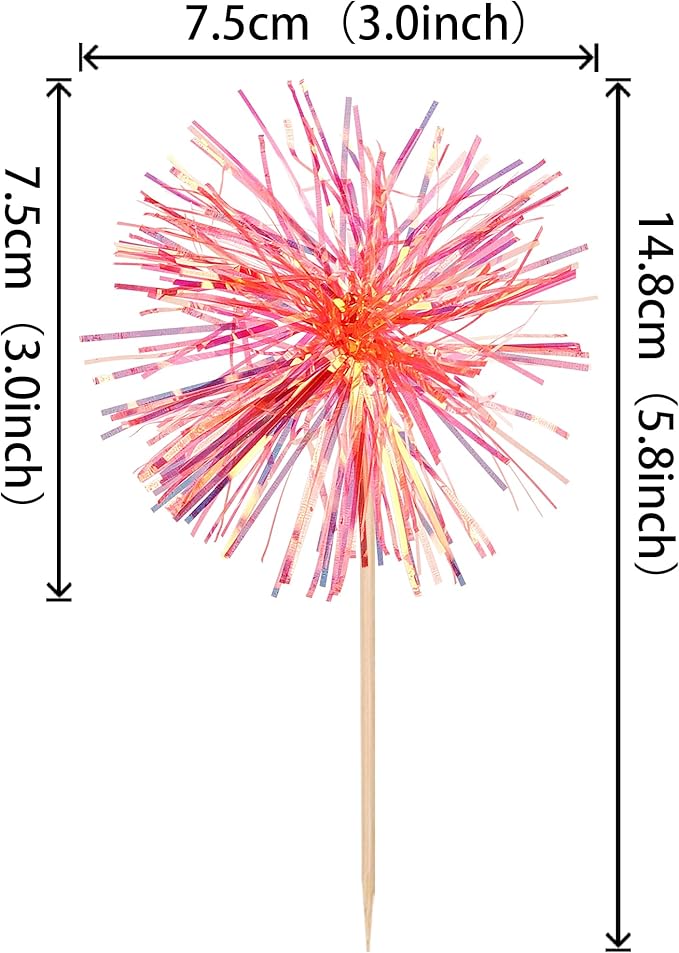 30 PCS Foil Firework Cupcake Toppers Happy Birthday Cupcake Toppers Sparkle Tinsel Flower Drink Stirrers Cocktail Fruit Toothpicks for Valentine's Day Baby Shower Party Cake Decor Supplies Orange