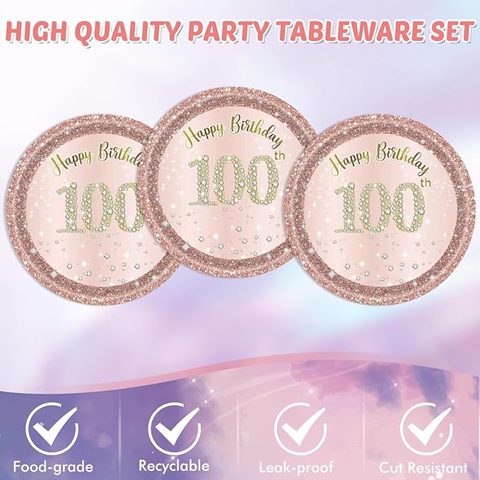 41PCS 100th Birthday Decorations Rose Gold 100th Party Disposable Tableware Set Include 100 Year Old Birthday Plates and Napkins, Plastic Tablecloth For 100 Year Old Gifts Women