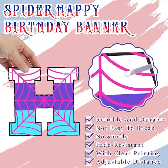 Oudain Spider Theme Birthday Banner Decorations Pre-strung Spider Web Happy Birthday Banner Flags Sign Cartoon Backdrop Party Supplies Favors(Red Purple Blue)