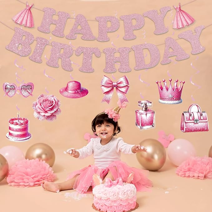 Zwiebeco Pink Rose Gold Girls Happy Birthday Banner Bunting Hanging Paper Swirls Garland Party Decorations for Girls Womens Princess-Style Themed Bday Decor Accessories Supplies