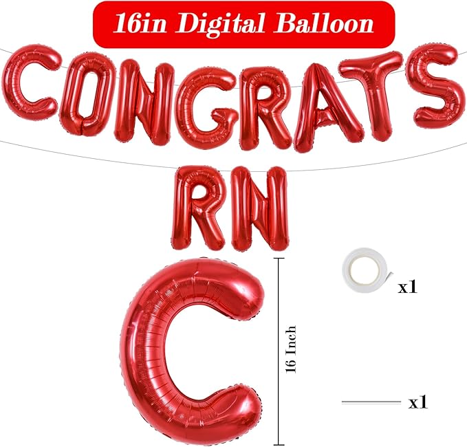 TONIFUL 2026 Nurse Graduation Decorations Red Congrats RN 2026 Balloons 16 Inch RN 2026 Banner Class of 2026 Registered Nurse Balloons Decorations 2026 Nursing Graduation Party Supplies