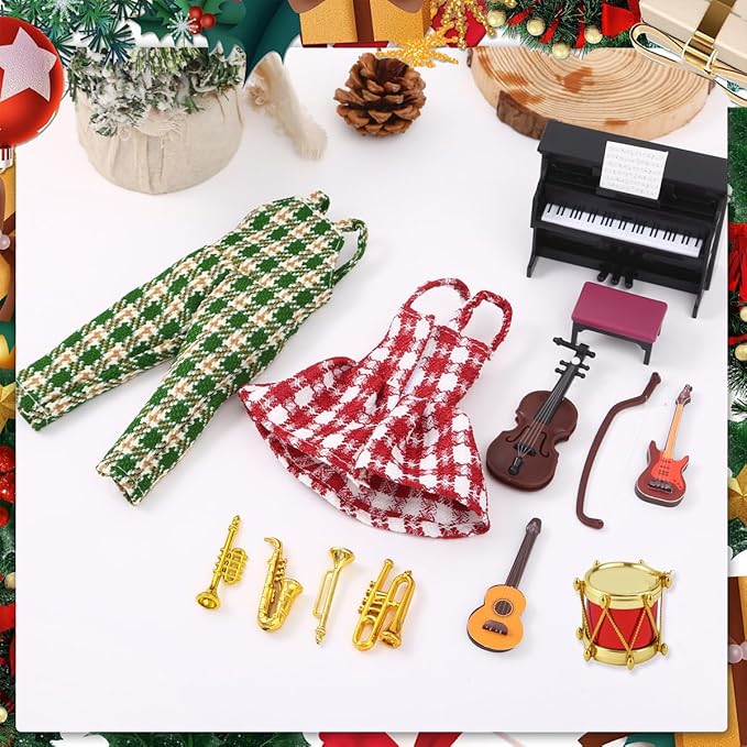 Christmas Elf Doll Accessories Set - 14Pcs Elf Doll Music Accessories Include Formal Dress,Piano and Guitar Instrument Set for Elf Dollhouse,Xmas Elf Clothes and Toy Accessories