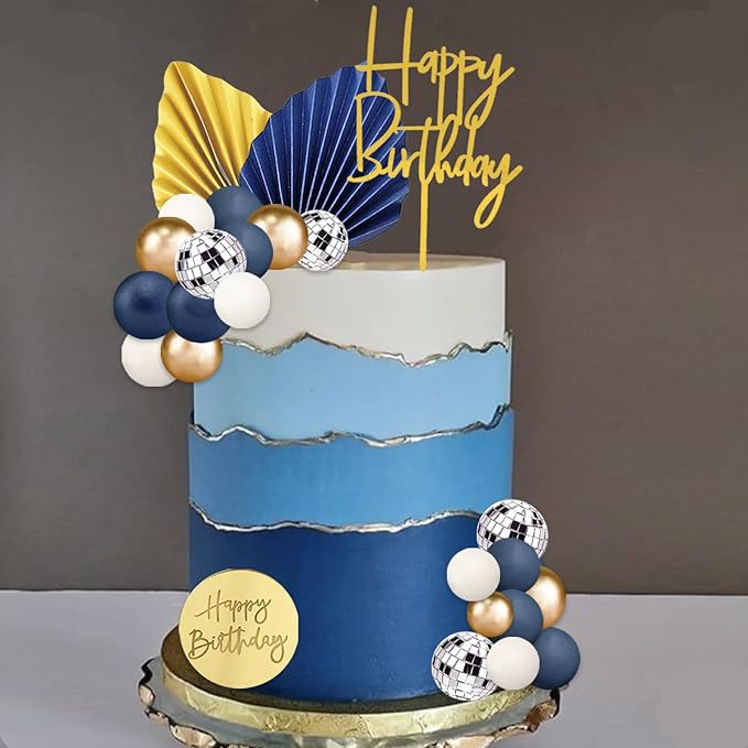 42Pcs Gold Blue White Balls Cake Topper Decorations with Disco Balls Palm Leaves Acrylic Numbers 0-9 and Happy Birthday Cake Toppers for Boho Wedding Baby Shower Birthday Party Supplies