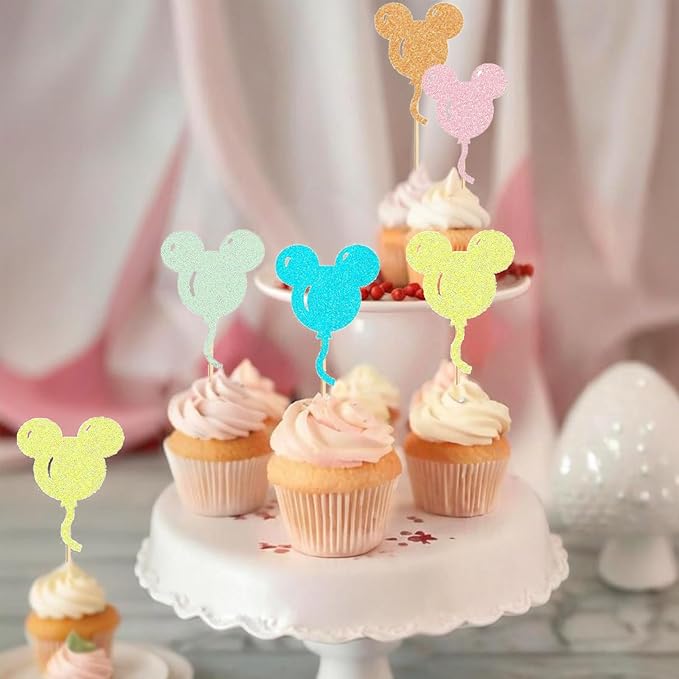 30 Pcs Mouse Inspired Cupcake Toppers Glitter Multiple Colors Mouse Balloon Cake Toppers Decorations for Baby Shower Kids Birthday Party Wedding Anniversary Party Supplies