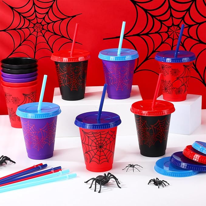12 Pcs 16 oz Spider Cups Bulk with 3 Styles, Spider Birthday Party Favors Cups with Lids and Straws, Plastic Cup for Birthday Party Decorations, Birthday Party Favor Supplies for Friends