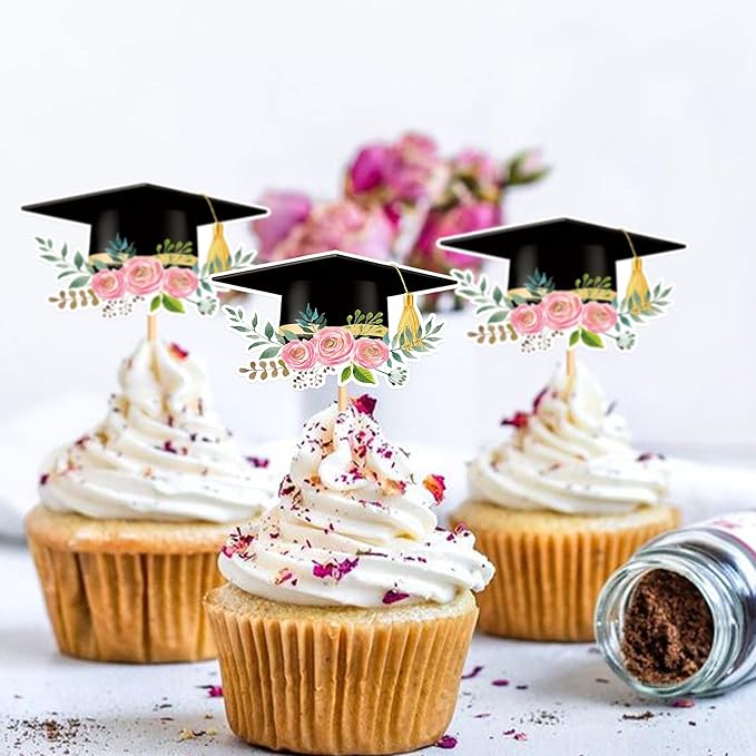 Cyodoos24 PCS Graduation Theme Cupcake Toppers Flower Graduate Cupcake Picks Students Graduation Theme Party Cake Decorations Supplies