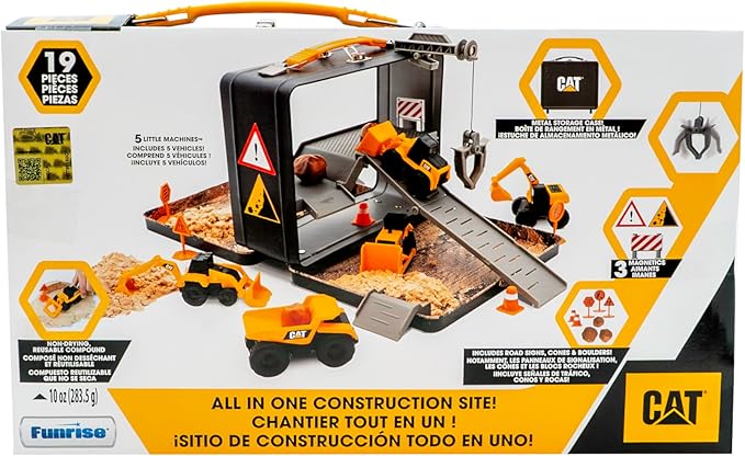 CAT Construction Toys, Store N Go Playset - Tin Travel Case Transforms into Multi-Level Worksite, Includes 2 Little Machines Vehicles & 10 + Accessories, Portable STEM Toy for Kids Ages 3 +