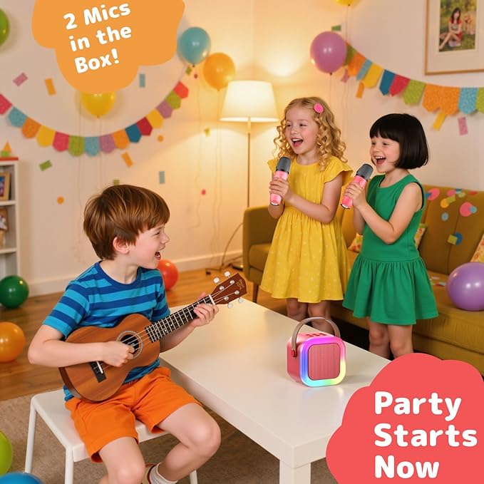 Fede Karaoke Machine for Kids Adults, Mini Karaoke Machine with 2 Wireless Microphones, Portable Bluetooth Speaker with Voice Changing Effects & LED Lights, Best Gifts Toys for Girls and Boys
