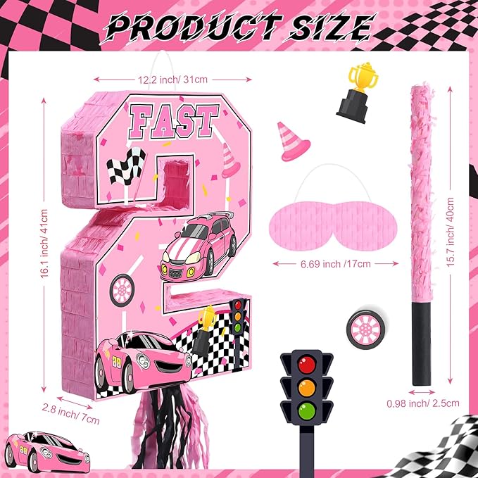 Number 2 Piñata Pink Race Car Party Decorations Racing Cars Pull String Piñata 2 with Stick Blindfold Checkered Wheel Pink Two Fast Birthday Decorations Girl Let's Go Racing Party Supplies