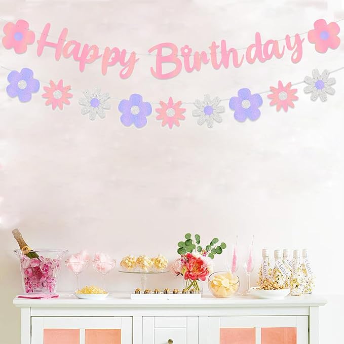 Zwiebeco Pink Floral Happy Birthday Banner Bunting Garland Hanging Paper Party Decoration Supplies for Spring Summer Wildflower Boys Girls Kids Baby Shower Bday Decor Accessories Supplies