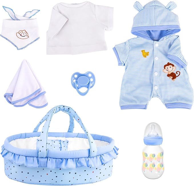 Aori Reborn Baby Dolls Outfit Set with Bassinet Accessories 7 Pieces - Realistic Babies Carrier Bed and Clothes for 16-18 Inch Newborn Lifelike Reborn Doll, Blue