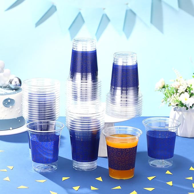 CHENGU 50 Pcs Blue and Gold Ring Plastic Cups 12 oz Disposable Cups Hedgehog Theme Party Drinkware Supplies Cartoon Video Game Party Favors for Birthdays, Themed Events