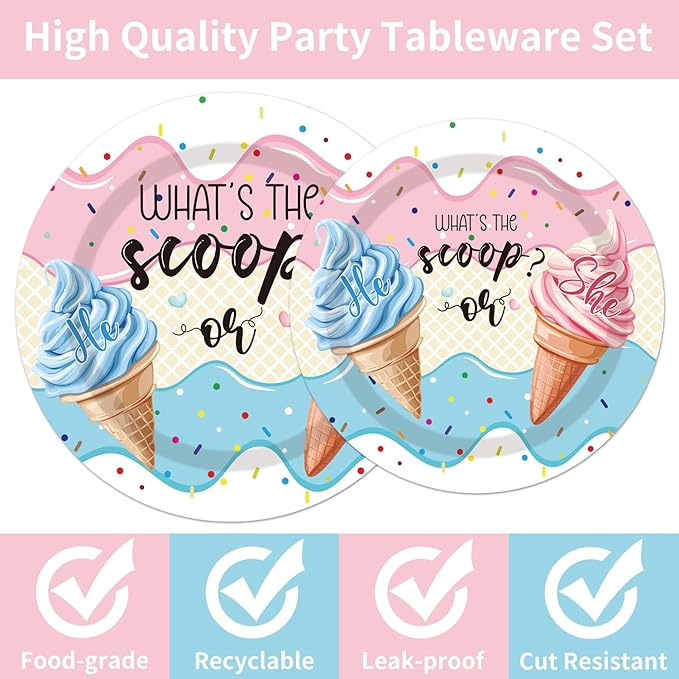 96PCS Whats The Scoop Plates and Napkins Party Supplies Whats The Scoop Gender Reveal Decorations Ice Cream Gender Reveal Party Decorations Disposable Paper Tableware Set Serves 24 Guests