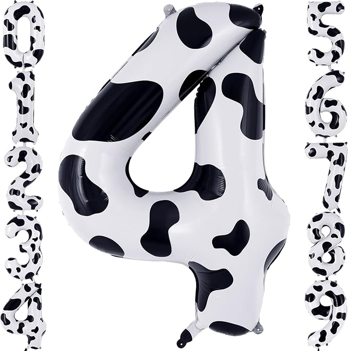 Cow Print Number 4 Balloon, Large 40 Inch Cow Number Birthday Balloons, Foil Mylar Number 4 Balloons for 4 Year Old Birthday Party Decorations Supplies Animal Farm Cowboy Cowgirl Themed Party