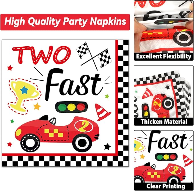 50 Guests Two Fast Birthday Plates and Napkins Party Supplies Racing Car Party Decorations Disposable Tableware Set Race Car Dinnerware Favors,200PCS