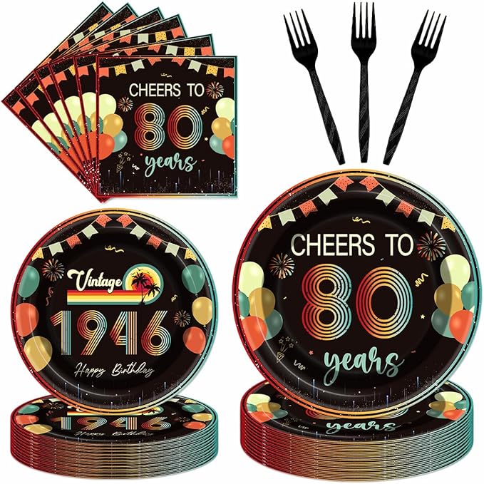 96Pcs Vintage 80th Birthday Decorations Tableware Set Back in 1946 Paper Plates Napkins Forks Cheers to 80 Years Disposable Tableware Decor for Women Men 80th Birthday Party Favor Serve 24 Guests