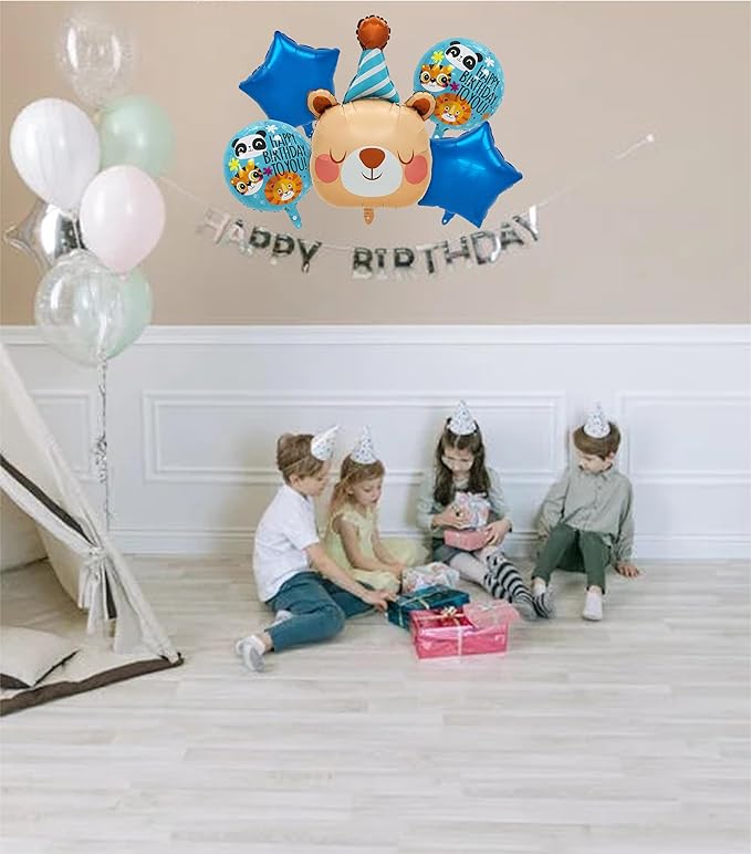 3D Bear Balloon,Kids Happy Birthday Star-shaped Balloon Party Decoration,Baby Shower Children Jungle Themed Decorations Woodland Safari Animal Balloons,5Pcs of Set