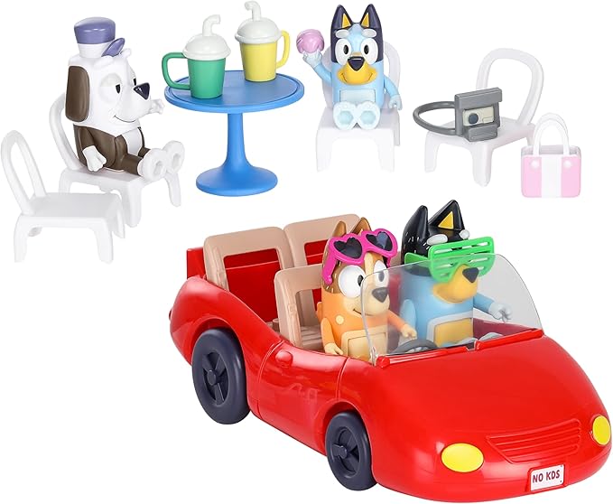 Bluey Escape Convertible Vehicle Figurines Pack of 4, Robust Toddler Toy Car with 9 Accessories and Stickers, Immersive Car Toys for Kids Ages 3+
