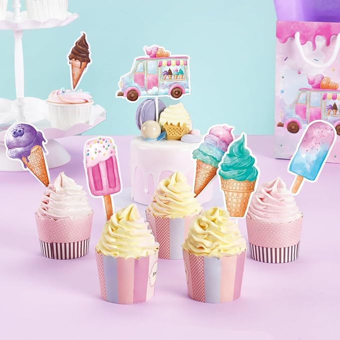 WERNNSAI 35 PCS Ice Cream Cupcake Toppers - Ice Cream Summer Birthday Party Cake Decorations for Kids Girls Ice Cream Cake Toppers Picks Sweet Cake Decors Summer Birthday Party Supplies