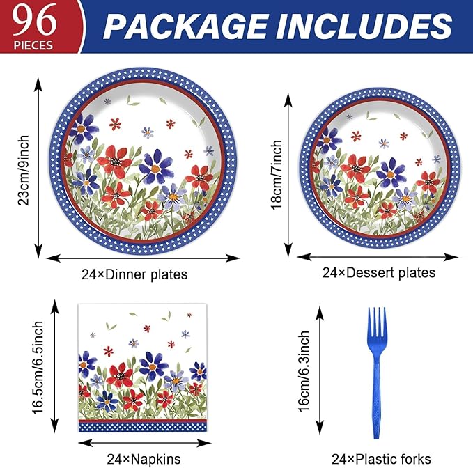 96Pcs American 4th of July Independence Party Plates and Napkins Patriotic Party Decorations Memorial Days Dessert Plates Poppy Flower Tableware for 24 Guests Labor Veterans Days Party Supplies