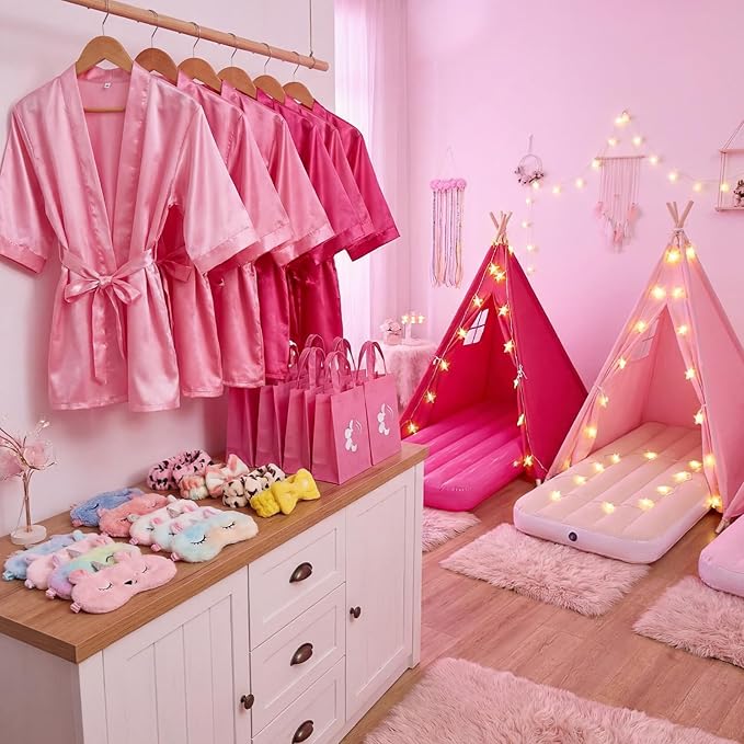 6 Set Sleepovers Teepee Tents Spa Party Robes Supplies Bulk with Inflatable Airbed and Light String, Party Supplies for Birthday Movie Spa Favors Gifts Indoor Outdoor(5 Pink,1 Rose Red)