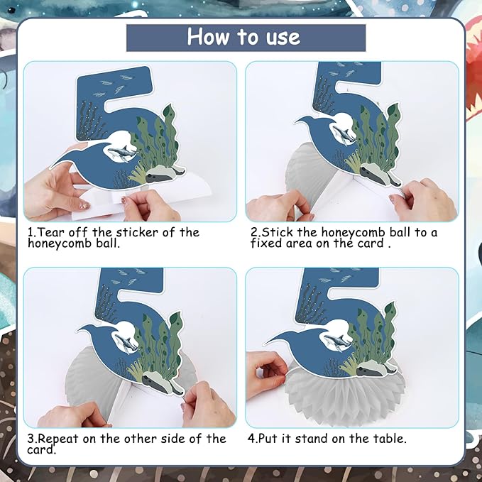 8Pcs Dive Into Five Honeycomb Centerpieces for Boys, 5th Birthday Ocean Themed Under The Sea Table Toppers Five Years Old Party Supplies