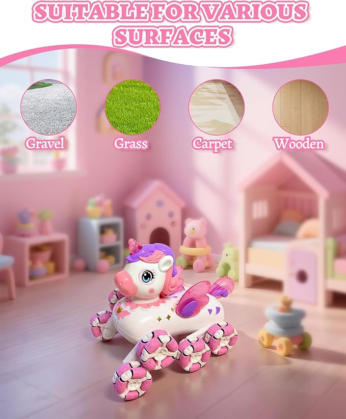 Remote Control Pink Robot Unicornios Pet - 8 Wheels Drift Race Outdoor Off-Road Car with 2.4Ghz 360°Automatic Demonstration Wings&Eyes Lights&Music, Birthday Toy Gift for 3+ Years Old Girls