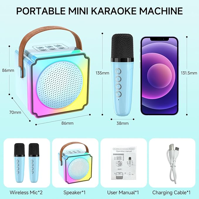Mini Karaoke Machine for Kids and Adults,Portable Bluetooth Karaoke Speaker with 2 Wireless Microphones, Kids Karaoke Machine for Home Party,Birthday Gifts for Girls Boys（Blue）