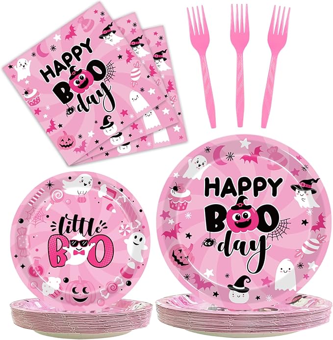 96Pcs Pink Halloween Birthday Party Decorations, Halloween Happy Boo Day Party Plates and Napkins Set Supplies Halloween Little Boo Ghost Baby Shower Tableware Decor for Girl, Serves 24