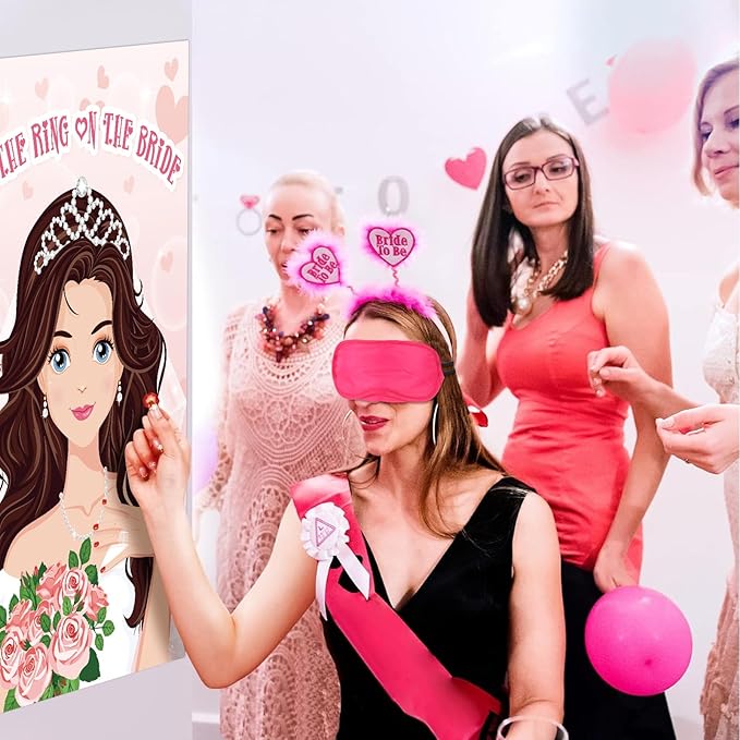 Hxezoc Pin The Ring on The Bride Game - 42 Pcs Rings, Large Bridal Games Poster for Shower, Wedding, Birthday, Carnival Party Supplies