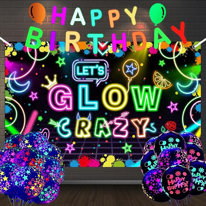 Neon Glow Party Decorations Supplies Include Neon Let's Glow Backdrop Glow in The Dark Party Supplies, 18Pcs Glow in the Dark Balloons and 1Pcs Glow Party Banner for Neon Birthday Party Decorations