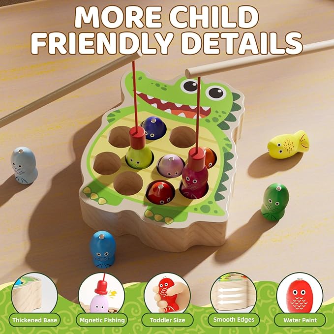 Magnetic Wooden Fishing Toy for Toddlers 2-4, Crocodile Montessori Toys for 2 3 4 Year Old, Fine Motor Skills Early Educational Learning Toy for Kids Boys Girls (Crocodile)