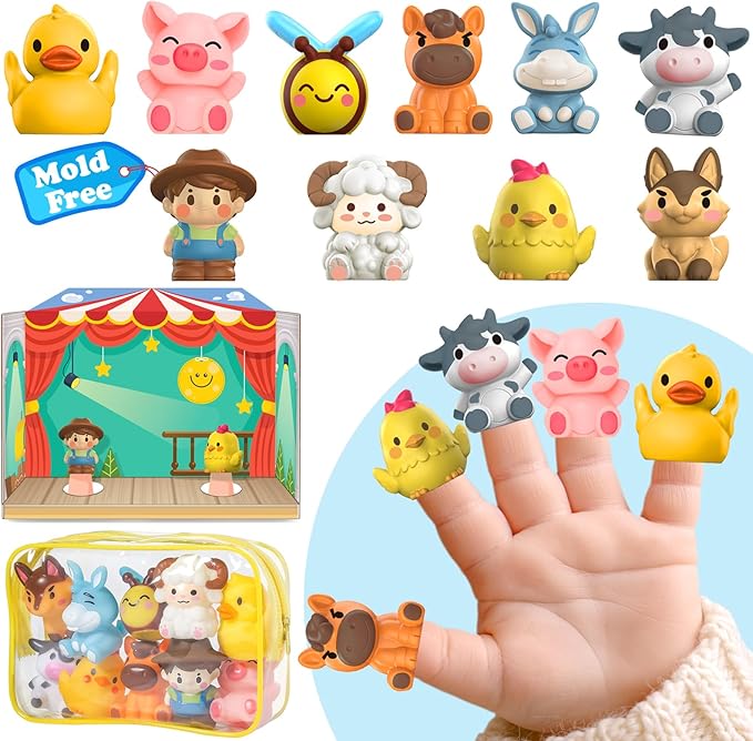 Oriate Animal Farm Finger Puppets, Bath Toys for Kids with Storage Bags, Toddler Toys for Story Time Stuffer with Puppet Theater, Toddler Travel Kit Valentines Gifts Easter Eggs Fillers 12m+ 10Pcs