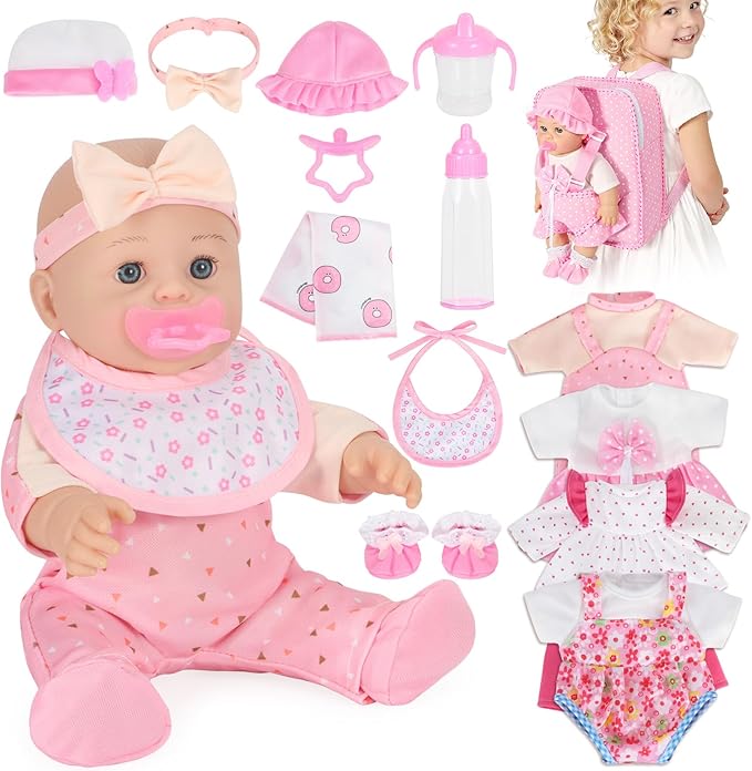 12'' Baby Doll Playset with 4 Outfits Backpack, 12 Inch Realistic Baby Dolls with Clothes Backpack and 2 Bottles Bib Quilt Nipple Socks, Pretend Play Baby Doll Gift for Toddlers Girls Age 3+