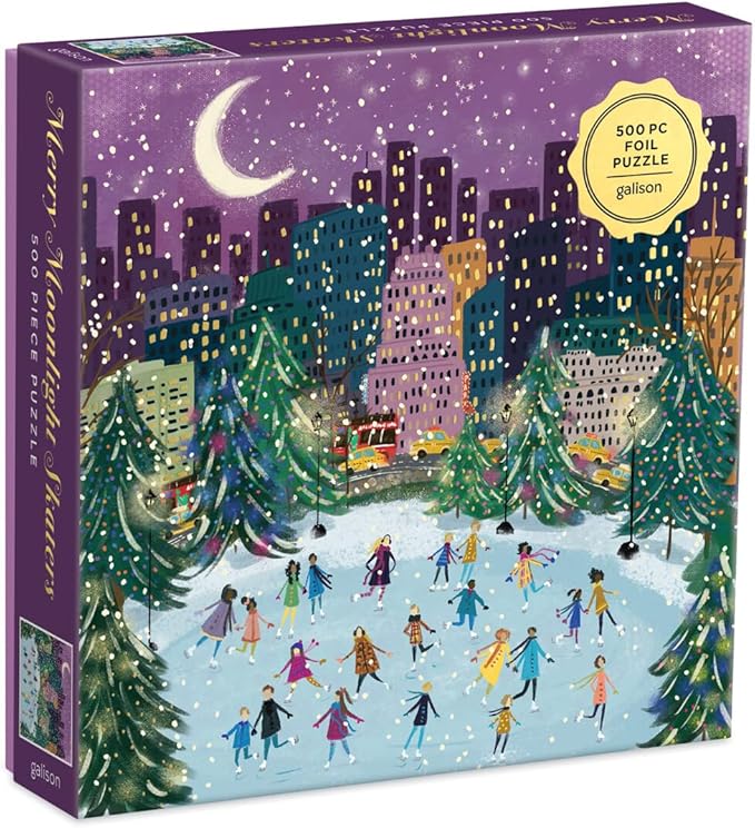Galison Merry Moonlight Skaters 500 Piece Foil Puzzle from Galison - Featuring Beautiful Illustrations of a Festive Winter Scene with Gold Foil Accents, 20" x 20", Makes a Wonderful